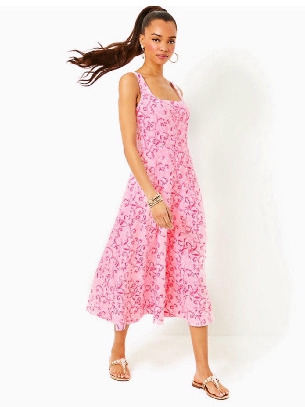 Lilly Pulitzer Linen Calina Midi Dress Size 8 CONCH SHELL PINK FLAMINGLE GARDEN